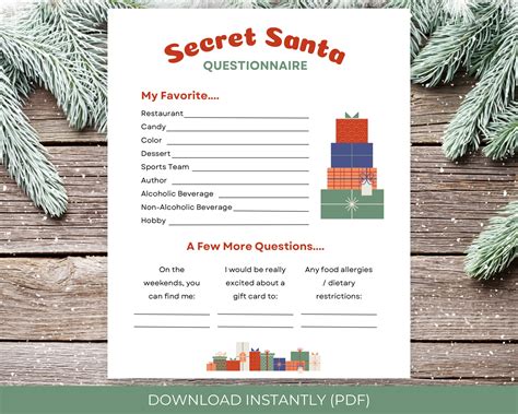 Secret Santa Questionnaire For Coworkers Printable Secret Santa Form Office Holiday Party