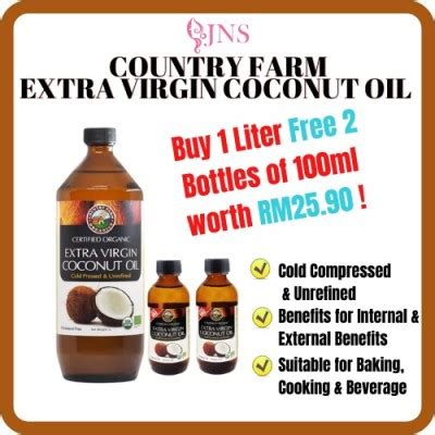 Country Farm Organic Extra Virgin Coconut Oil 1Litre With Free 2 100ml