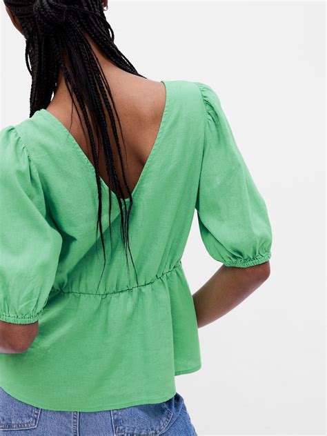 Puff Sleeve Linen Blend Peplum Top Gap