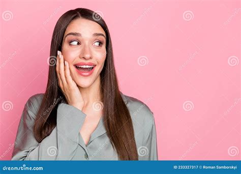 Photo Of Sweet Impressed Young Lady Wear Grey Clothes Smiling Arm Cheek