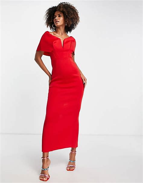 Asos Design Schulterfreies Midaxi Kleid In Rot Mit Tief