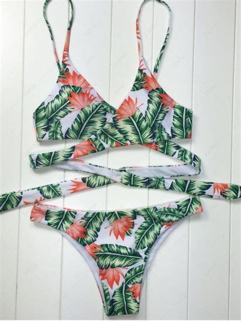 22 OFF 2021 Leaf Print Wrap Bikini In WHITE AND GREEN ZAFUL