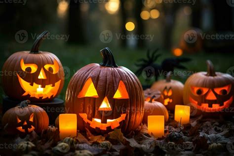 A Picture Of A Group Of Carved Pumpkins With Candles Lit Inside In A Park On A Fall Evening Ai