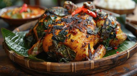 Ayam Betutu Balinese Roast Chicken Stuffed With Cassava Leaves Background Grilled Chicken Leaf