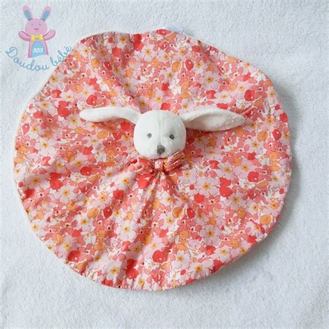 Doudou Plat Lapin Rond Blanc Rose Saumon Orange Fleurs JACADI Jacadi