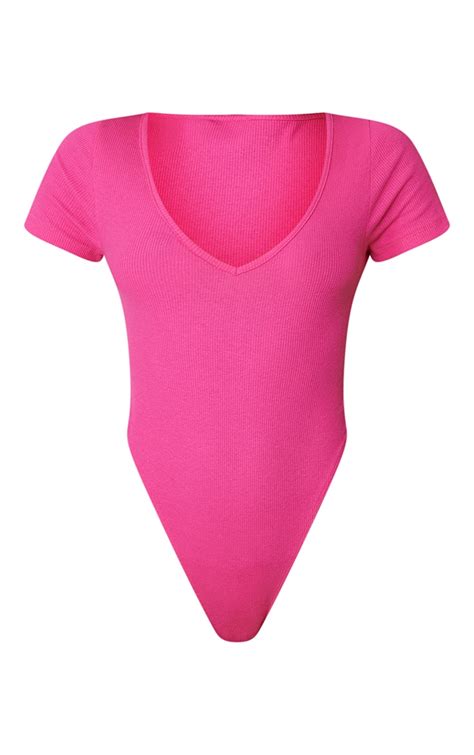 Basic Hot Pink Rib V Neck Short Sleeve Bodysuit Tops Prettylittlething Qa