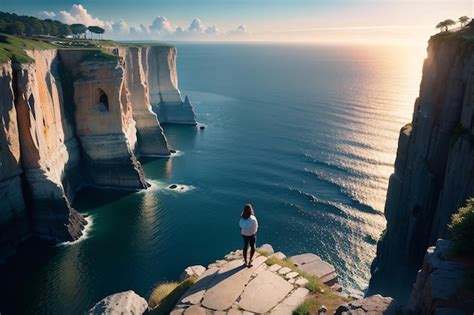 Premium Ai Image A Woman Stands On A Cliff Overlooking The Ocean