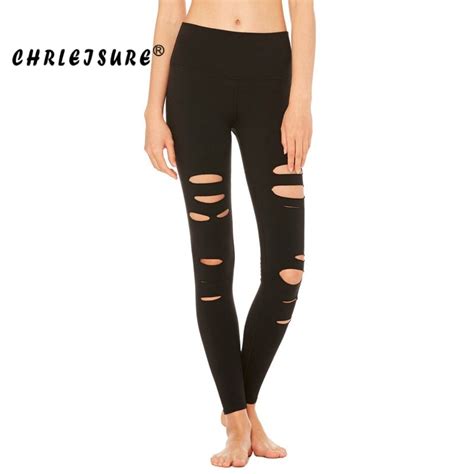 Chrleisure Fashion Holes Leggings Women Black Trousers Pants Fitness