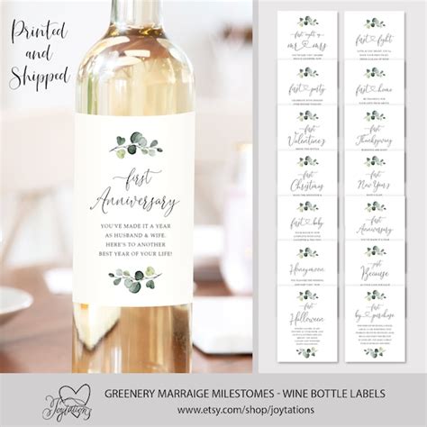 Printed Greenery Marriage Milestone Wine Bottle Labels Etsy