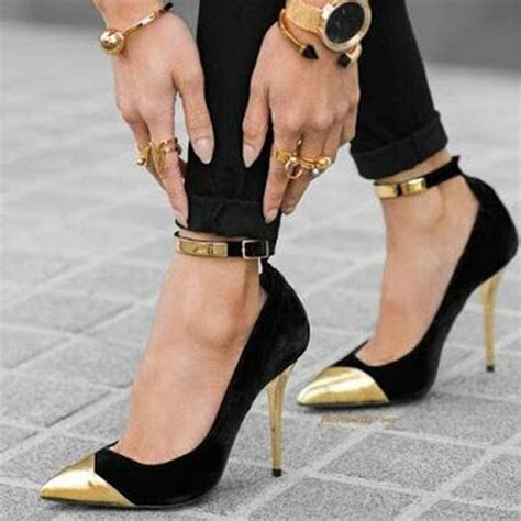 Shoespie Gold Cap Toe Ankle Wrap Stiletto Heel Heels Fashion Shoes