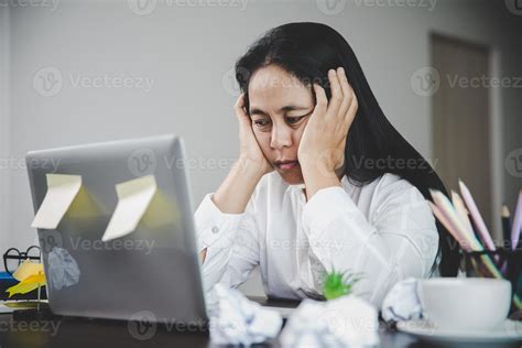 Stress business woman person from hard work, depression in office