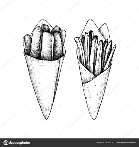 French Fries Vector Illustrations Hand Drawn Sketch Fried Potatoes