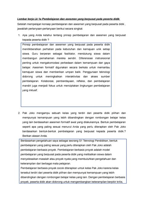 Jawaban Lembar Kerja Lk 1a Pembelajaran Dan Asesmen Yang Berpusat Pada Peserta Didik Lembar