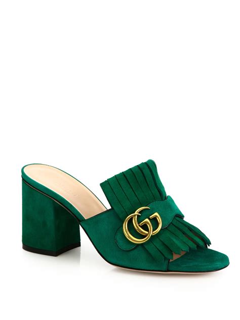 Gucci Marmont Gg Kiltie Suede Block Heel Mules In Green Lyst