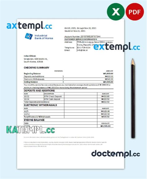 Sample South Korea Industrial Bank Statement Easy To Fill Template In