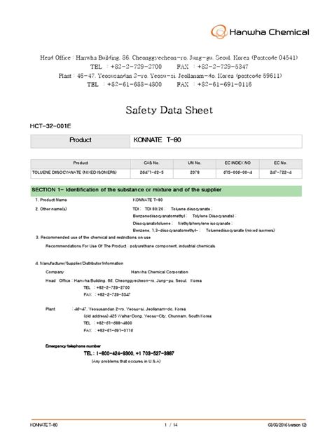 Safety Data Sheet For Konnate T 80 Toluene Diisocyanate Pdf