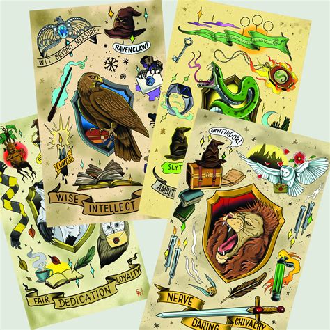 Hogwarts House Harry Potter Tattoo Flash Sheet Art Print Etsy