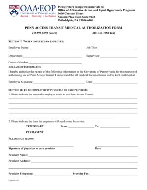 Fillable Online Upenn Penn Access Transit Medical Authorization Form