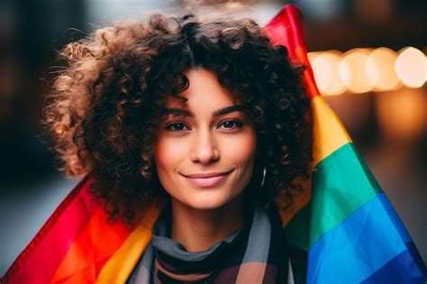 Premium Photo Beautiful Smiling Young Happy Woman Holds Rainbow Flag