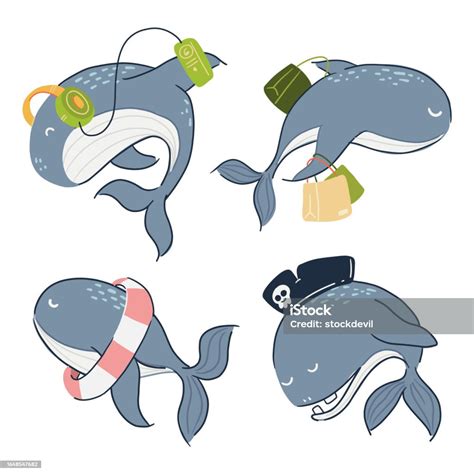 Cute Whale Cartoon Characters Hand Drawn Style White Isolate Background ...