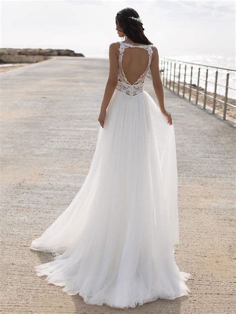 Robe De Mari E Simple Blanche Col V En Dentelle Jupe Fendue En Tulle