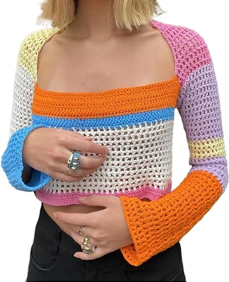 Aststle Women Hollow Out Crochet Knit Sweater Crop Tops Y2k Color Block