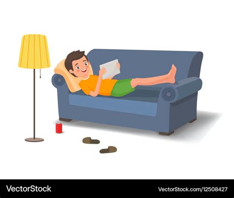 Young Man Lying On Couch With A Tablet Royalty Free Vector