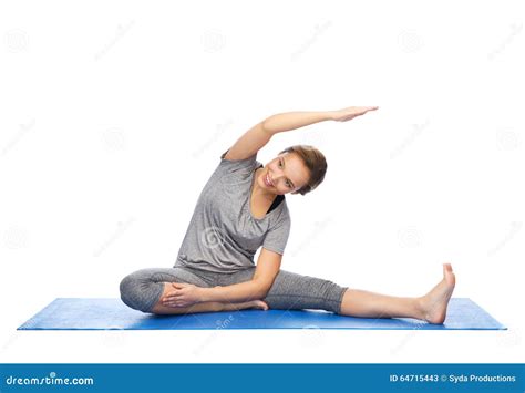 Happy Woman Making Yoga And Stretching On Mat Stock Image Image Of