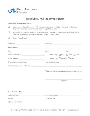 Fillable Online Library Drexel Application For Library Privileges