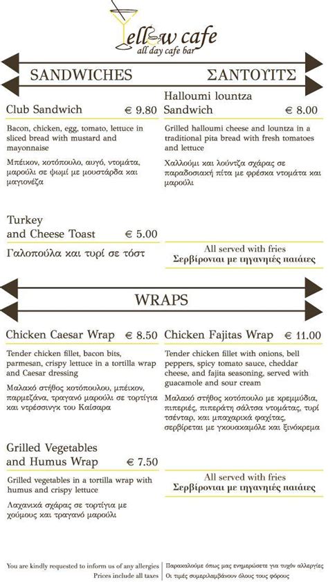 Menu at Yellow Cafe, Limassol, Molos