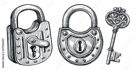 Key And Lock Closed Padlock Set Hand Drawn Vintage Sketch Vector