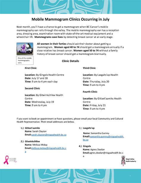 Mobile Mammogram Clinics Occurring Next Month - Nisga'a Valley Health Authority