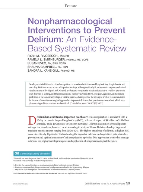 PDF Nonpharmacological Interventions To Prevent Delirium An Evidence