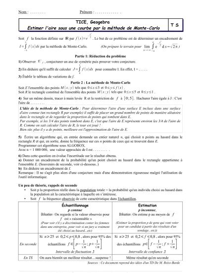 Estimer l aire sous une courbe par la méthode de Monte Carlo T S