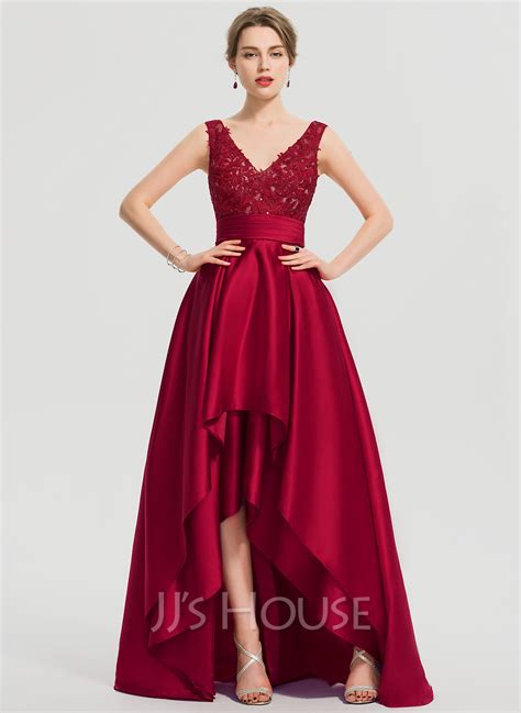 A Line V Neck Asymmetrical Satin Prom Dresses With Ruffle Sequins