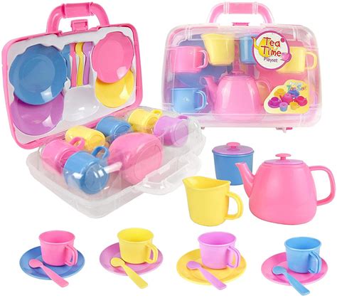 Vinsani 15 Piece Colourful Plastic Tea Party Set Includes Teapot, Jug ...