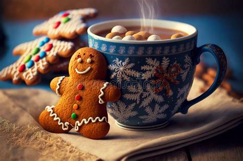 Festive Drink Hot Chocolate Red Cup With Marshmallows And Gingerbread Man Stock Illustration