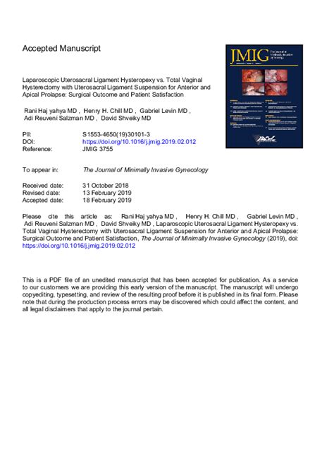 Pdf Laparoscopic Uterosacral Ligament Hysteropexy Vs Total Vaginal