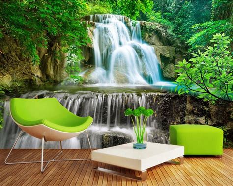 Custom Wall Mural Wallpaper Green Woods Waterfall Art Wall Painting