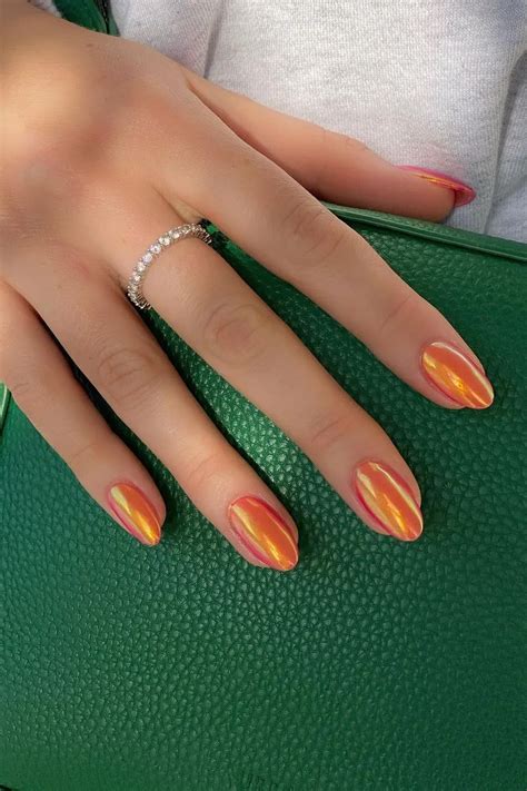 Orange Citrus Glazed Nails Summer Nail Ideas In Chrome Nails