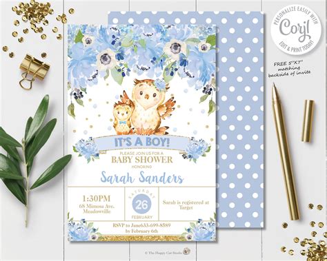 Owl Baby Shower Invitation Owl Printable Owl Baby Boy Shower Etsy