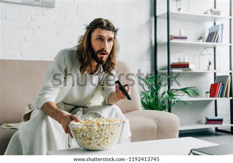 Shocked Jesus Crown Thorns Watching Tv Stock Photo 1192413745