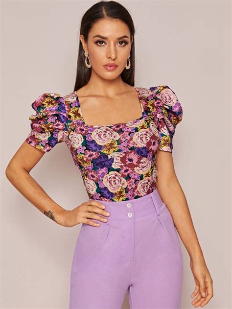 Shein Privé Square Neck Puff Sleeve Floral Print Top Shein Usa