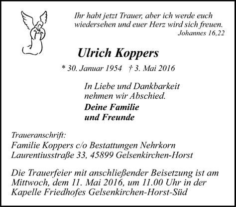 Traueranzeigen Von Ulrich Koppers Trauer In NRW De