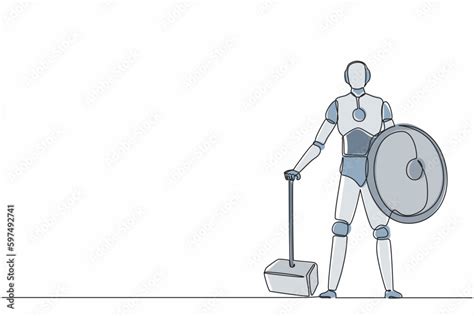 Continuous One Line Drawing Robots Stands Holding Big Hammer And Shield