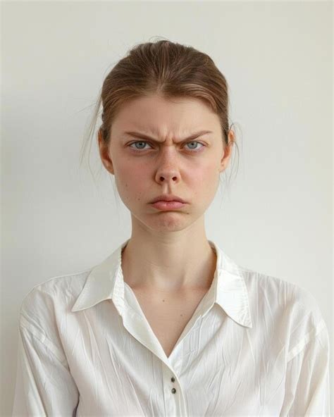 Portrait Of A Woman With Angry Expression In White Shirt Realistic Image Premium Ai Generated