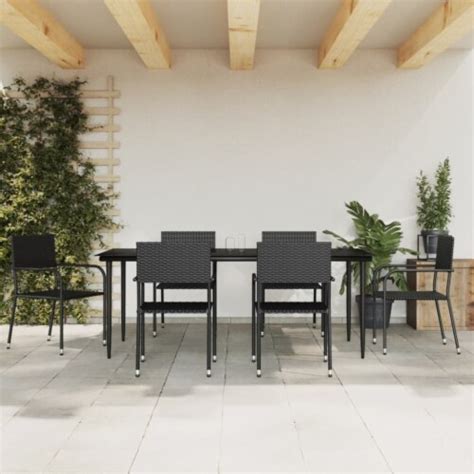 VidaXL 7 Piece Patio Dining Set Black Poly Rattan And Steel 78 8