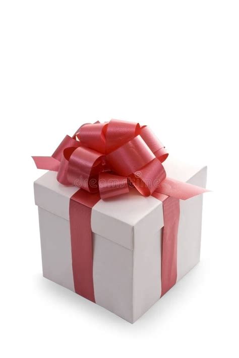 White Gift Box With Red Satin Ribbon Bow Stock Photo Image Of