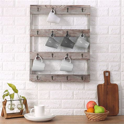 Myt Wall Mounted Rustic Gray Wood 16 Hook Mug Rack