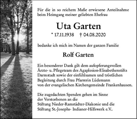 Traueranzeigen Von Uta Garten Vrm Trauer De